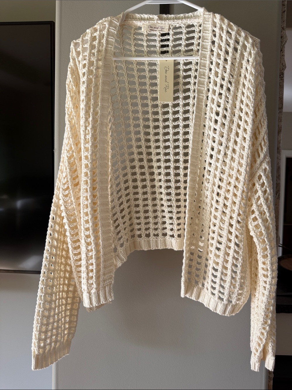 Doe & Rae Open-Weave Cropped Cardigan in Cream